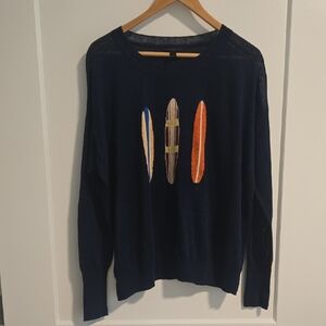 J. Crew Navy Linen Lightweight Sweater with Surfboard Design